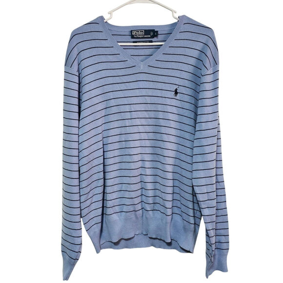 Polo by Ralph Lauren 100% Pima Cotton Sweater Men's L V-Neck Blue Soft Preppy - Picture 1 of 6